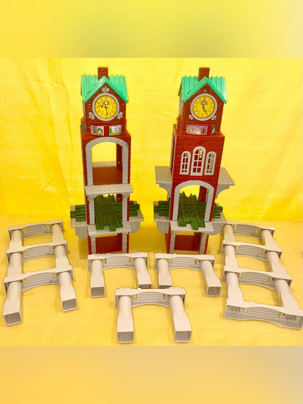 2 - 2004 Fisher-Price GeoTrax High Chimes Clock Tower & 9 GeoTrax track risers.
